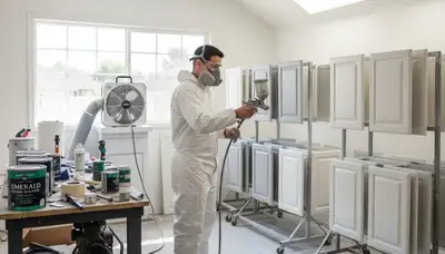 Professional cabinet painting in Los Angeles, CA applying smooth, durable kitchen finish