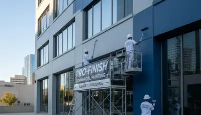 Commercial painters in Los Angeles, CA applying fresh exterior paint to a modern office building