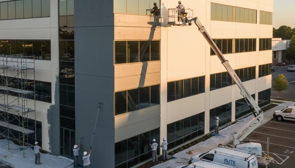 Professional commercial painters finishing office exterior in Los Angeles, CA