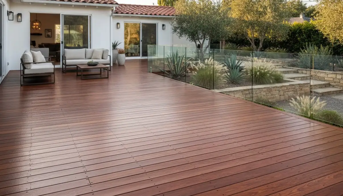Freshly stained wood deck in Los Angeles, CA with professional finish for lasting outdoor protection