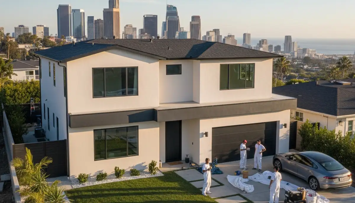 Freshly painted Los Angeles home exterior with smooth, durable stucco finish by local house painters