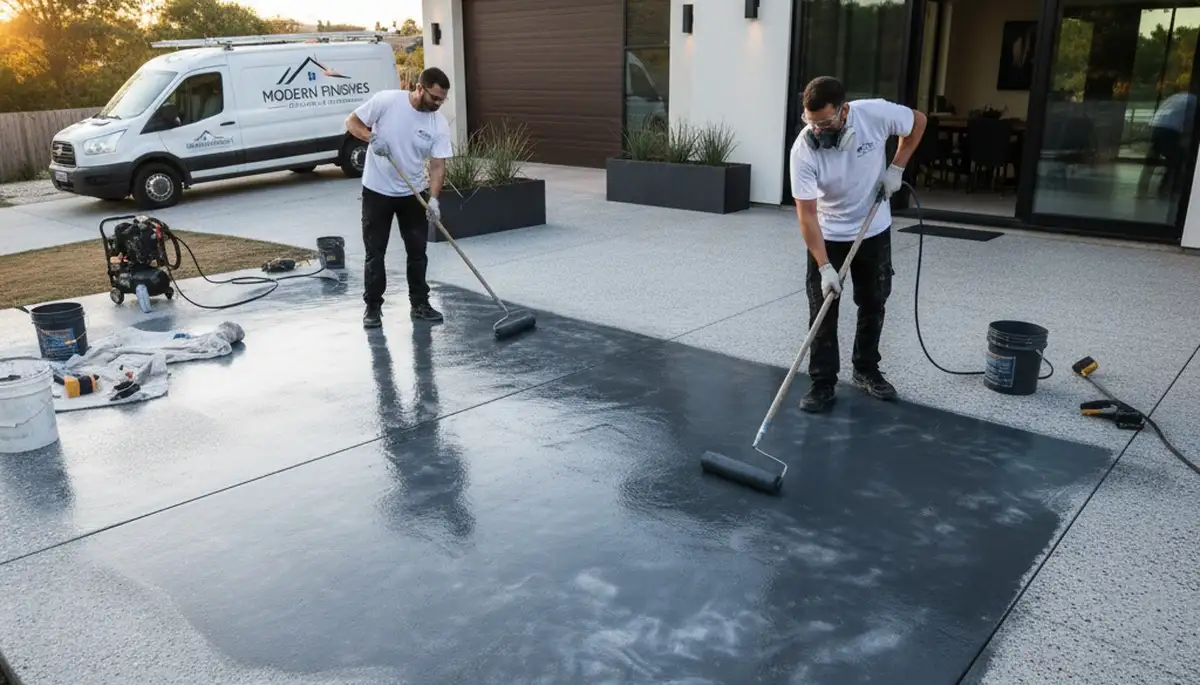 Professional concrete staining on outdoor patio by house painters in Los Angeles, CA