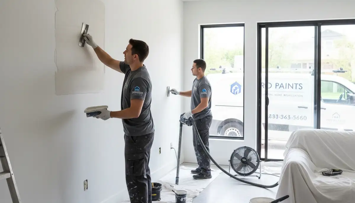 Painter repairing drywall and restoring wall texture in Los Angeles, CA home interior