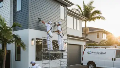 Professional exterior house painters working on stucco home in Los Angeles, CA