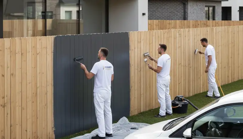 Professional fence painters working in Los Angeles, CA applying protective outdoor paint finish