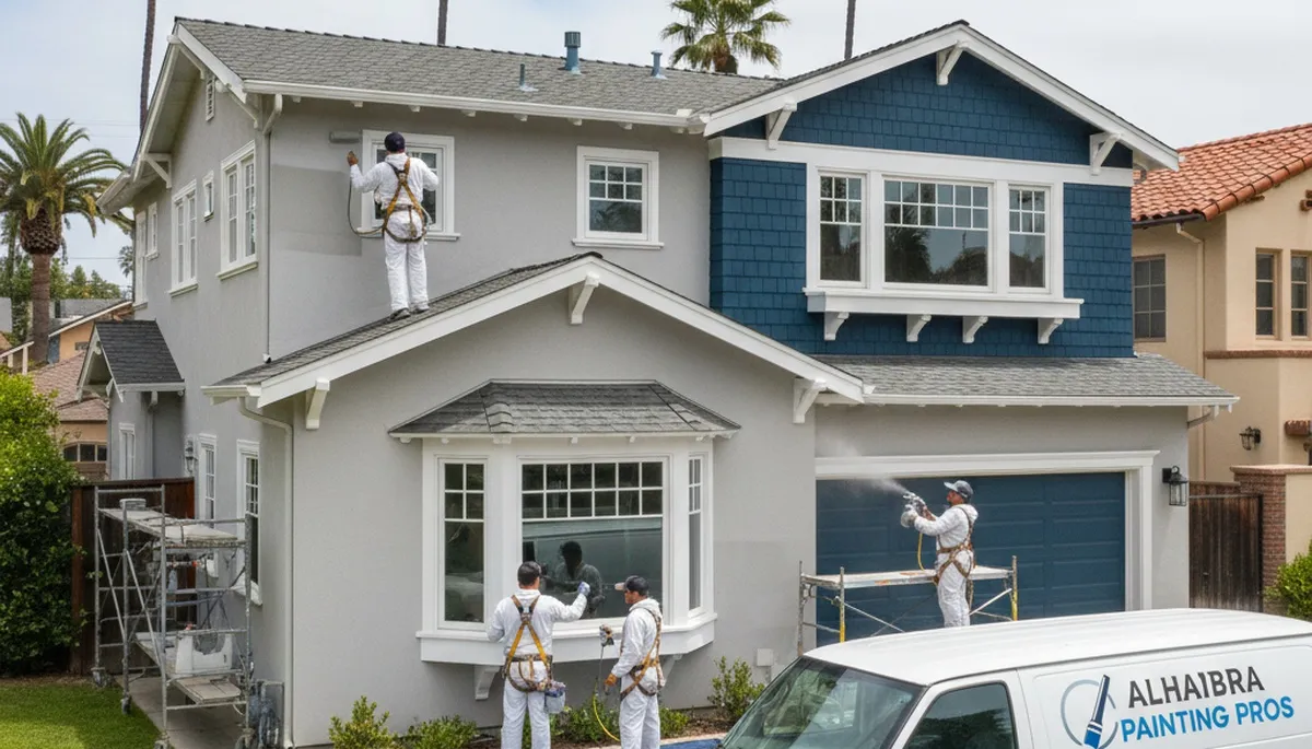 Professional house painters finishing exterior home in Los Angeles CA