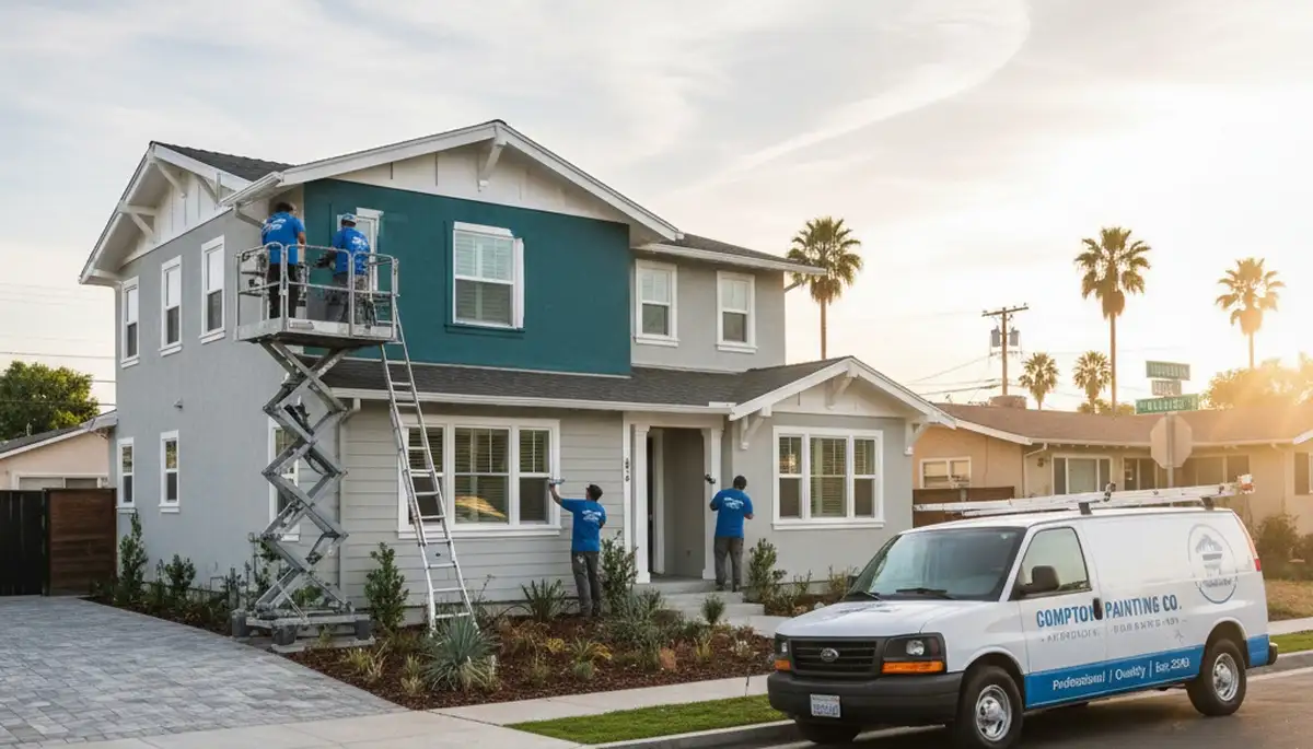 Professional house painters working on exterior home in Los Angeles, CA