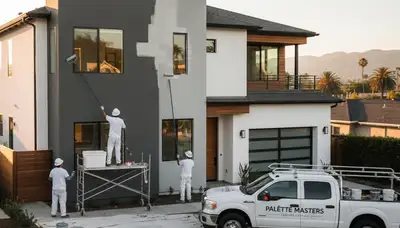 Professional house painters working on exterior home in Los Angeles, CA