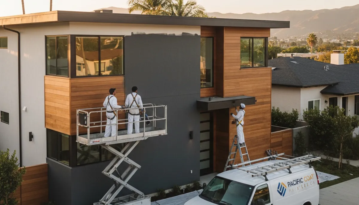 Professional house painters in Los Angeles CA applying exterior paint to a modern home façade