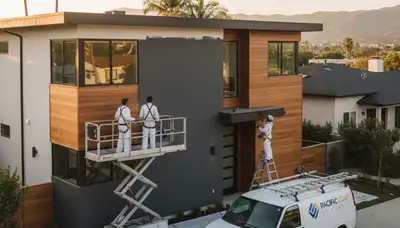 Professional house painters in Los Angeles CA applying exterior paint to a modern home façade