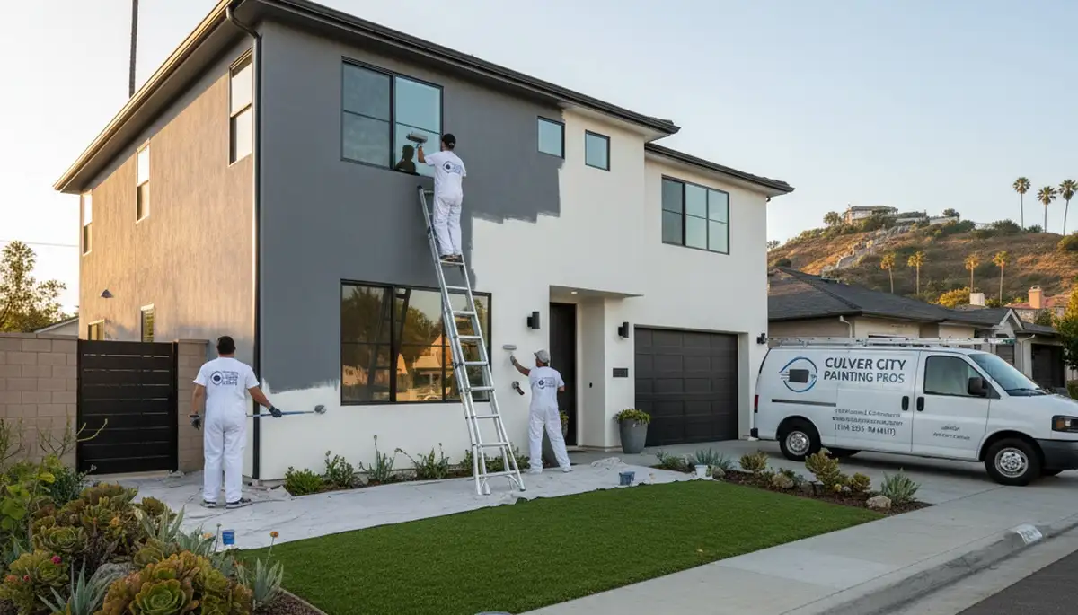 Professional house painters working on exterior home in Los Angeles, CA