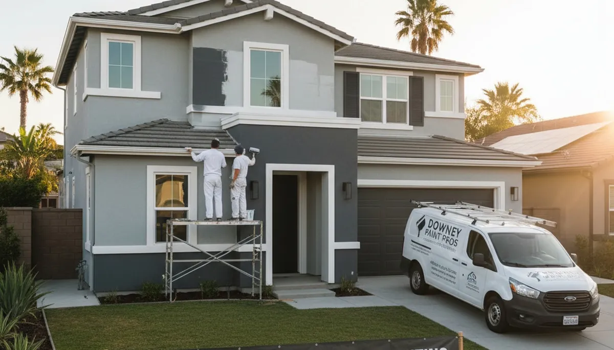 Professional house painters in Los Angeles CA applying exterior paint to a modern home facade
