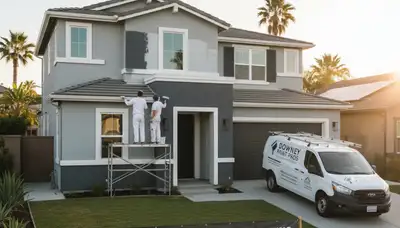 Professional house painters in Los Angeles CA applying exterior paint to a modern home facade