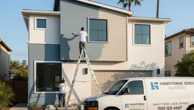 Professional house painter working on exterior home finish in Los Angeles, CA