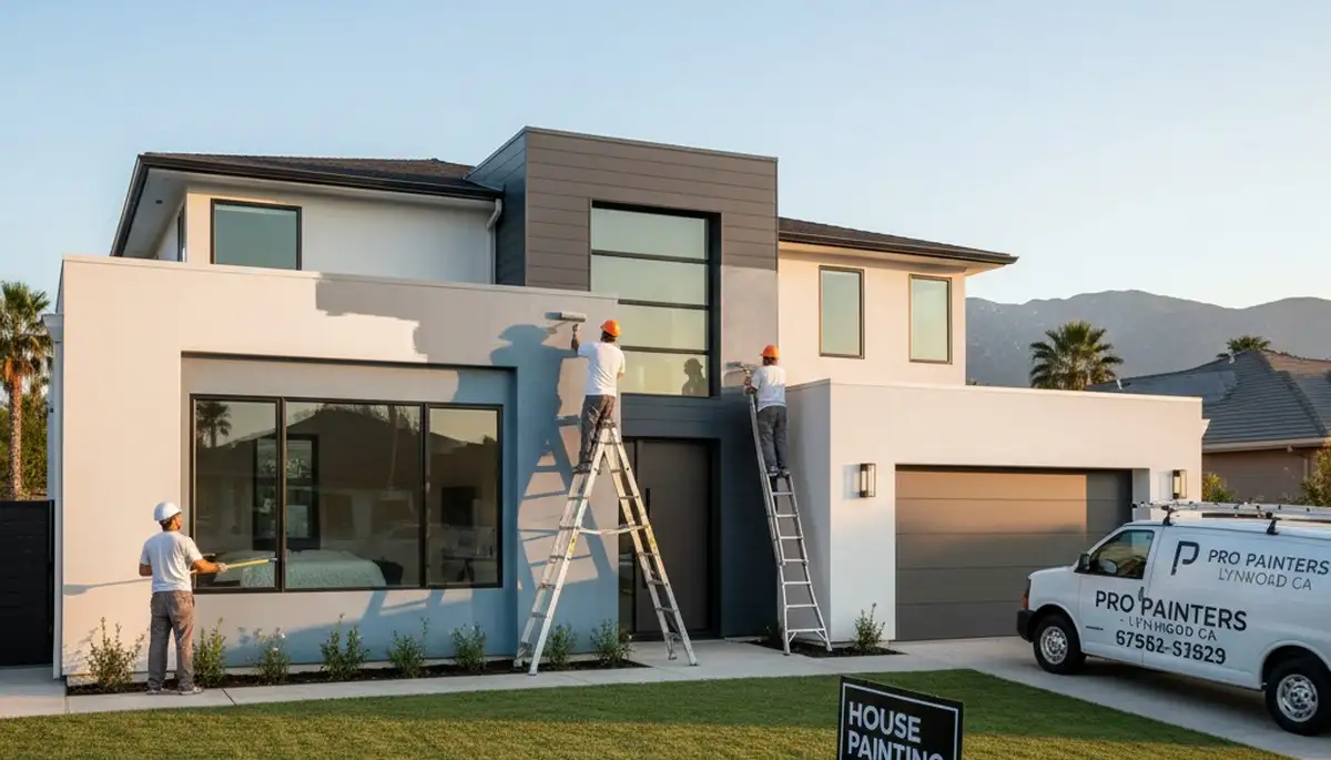 House painting crew painting a Los Angeles, CA home exterior for a professional finish