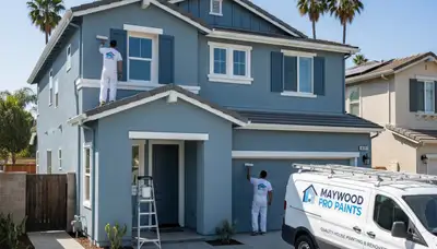 Professional house painters working on exterior home repaint in Los Angeles, CA