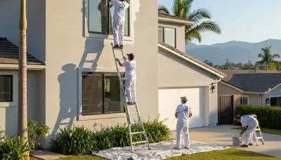 Professional house painters working on exterior home finish in Los Angeles, CA