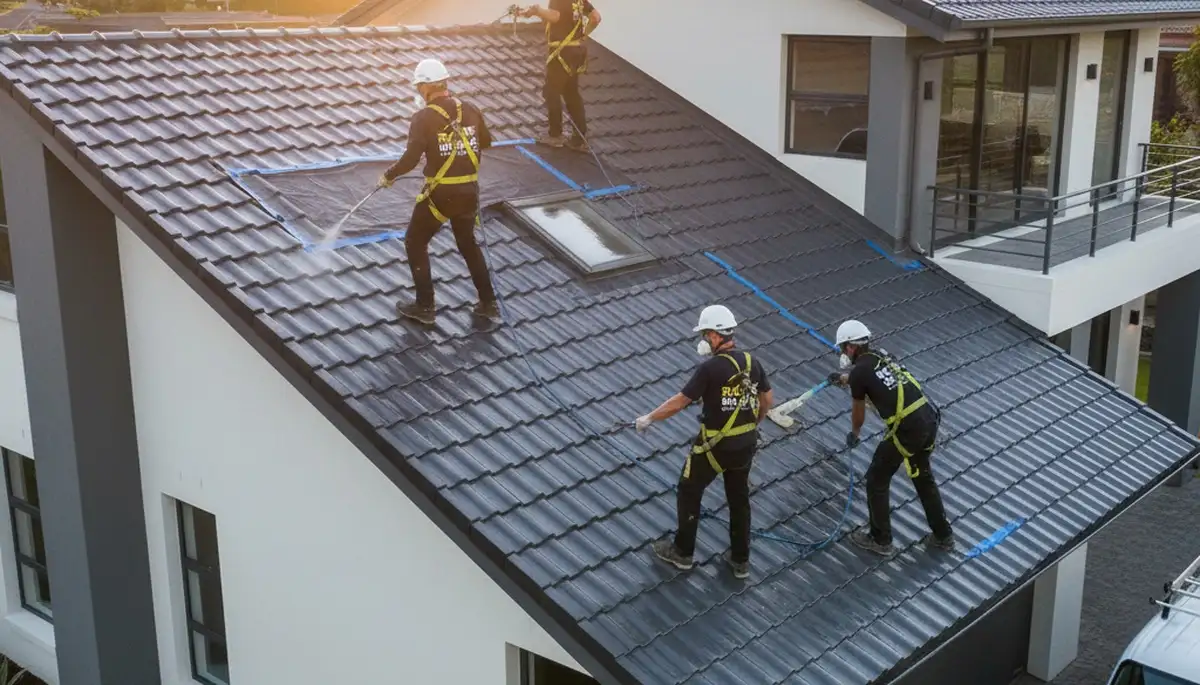 Professional roof painters applying UV-resistant coating in Los Angeles, CA