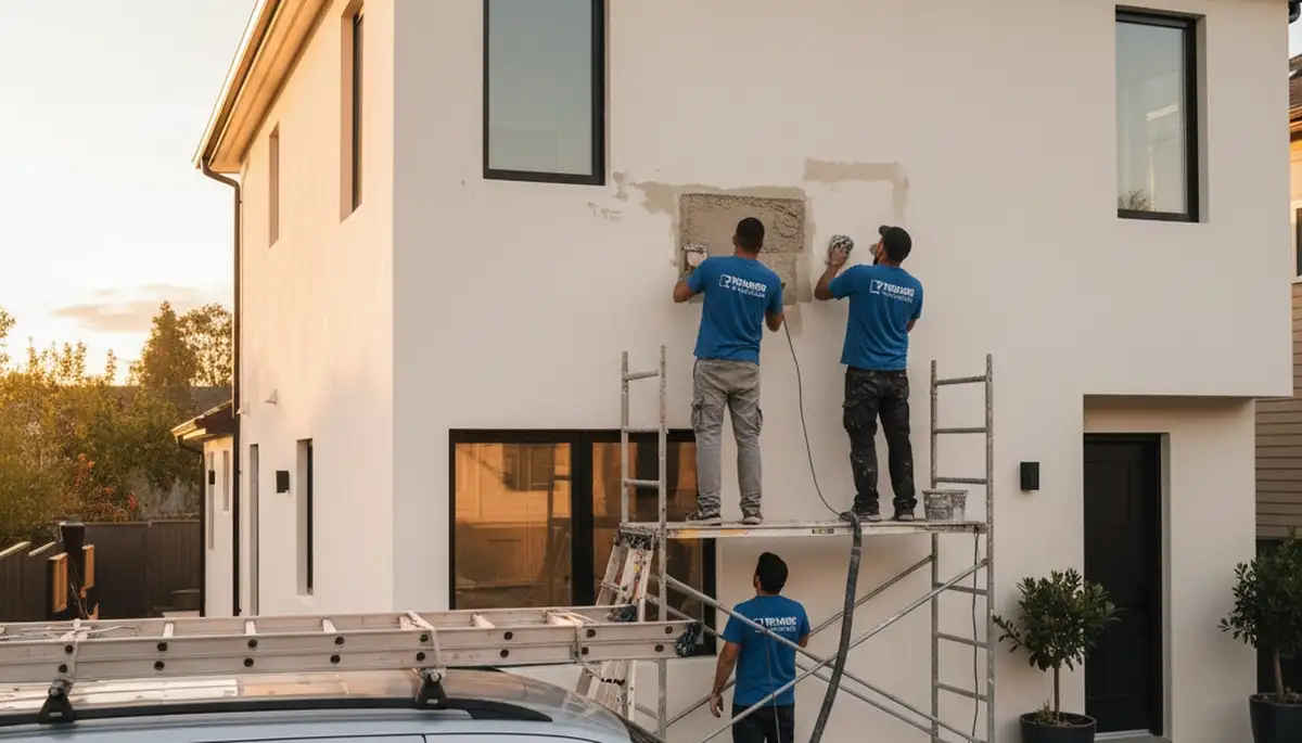 Professional stucco repair and texture restoration on Los Angeles, CA home exterior