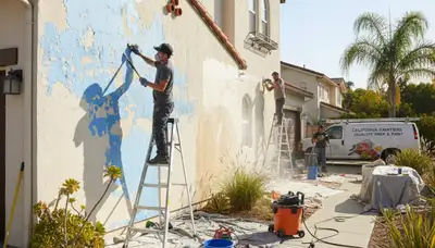 Painter sanding stucco wall for exterior prep in Los Angeles, CA, ensuring smooth surface for new paint